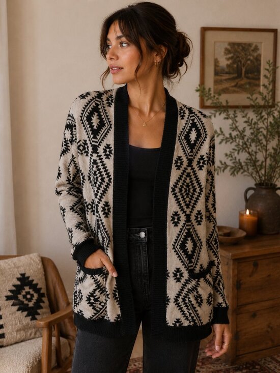 Wet Seal Sweaters - Wet Seal Tan Black Aztec Open Front Cardigan | Size S